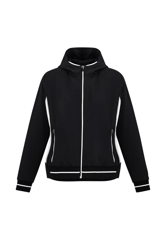 Ladies Titan Jacket in Black/White, XS - Stylish, lightweight, 4-way stretch fabric with hood, zip pockets, and reflective details.