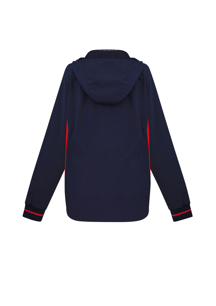 Ladies Titan Jacket in navy and red, size XL, features 4-way stretch, hood, reflective piping, and laser-cut ventilation.