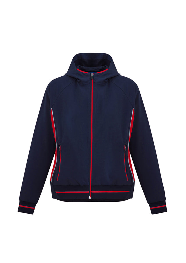Ladies Titan Jacket in Navy and Red, size M, featuring 4-way stretch fabric, attached hood, reflective piping, and zippered pockets.