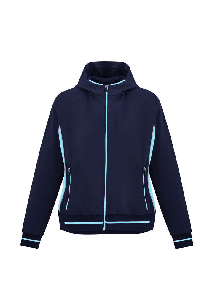 Ladies Titan Jacket in Navy/Sky, featuring stretchy fabric, hood, reflective piping, and zippered pockets for comfort and style.