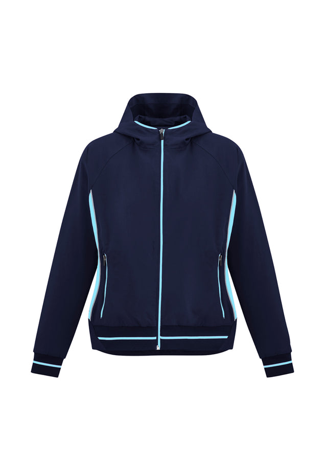 Stylish Navy/Sky Ladies Titan Jacket with hood, reflective details, and breathable fabric, perfect for active lifestyles.