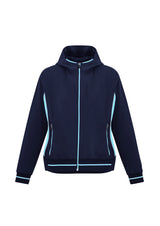 Ladies Titan Jacket in Navy/Sky, size L, featuring 4-way stretch, reflective details, and an attached hood for active women.