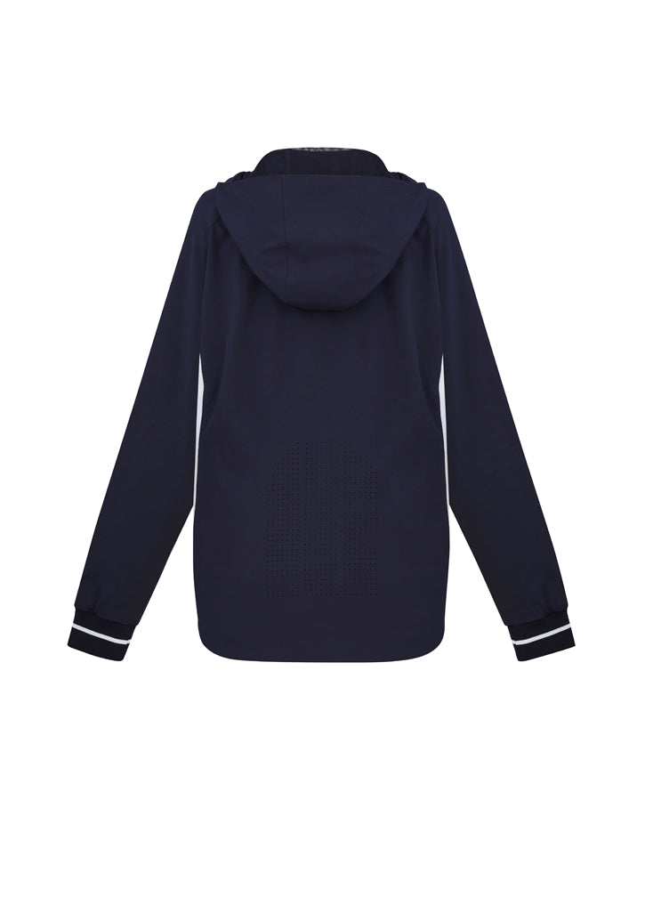 Ladies Titan Jacket in Navy/White, size 2XL, featuring 4-way stretch, hood, reflective piping, and zippered pockets.