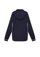 Ladies Titan Jacket in Navy/White, size 2XL, featuring 4-way stretch, hood, reflective piping, and zippered pockets.