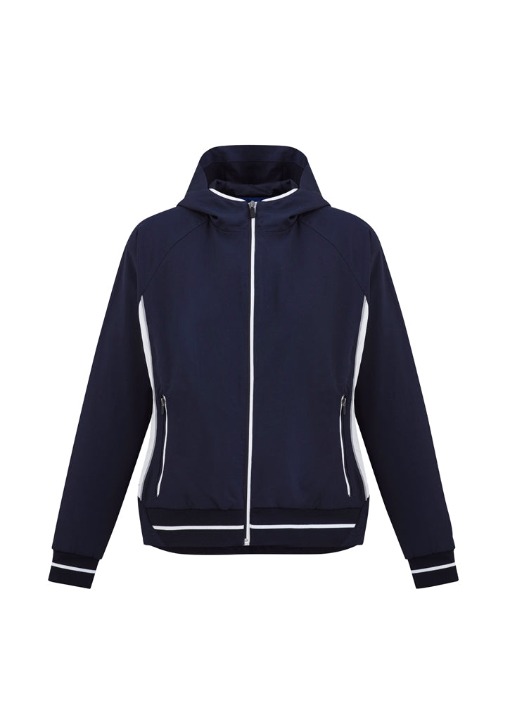 Navy/White Ladies Titan Jacket in size 2XL featuring breathable fabric, hood, reflective details, and stylish fit.