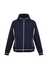 Navy/White Ladies Titan Jacket in Size XS with 4-way stretch, hood, reflective piping, and zippered pockets for active wear.