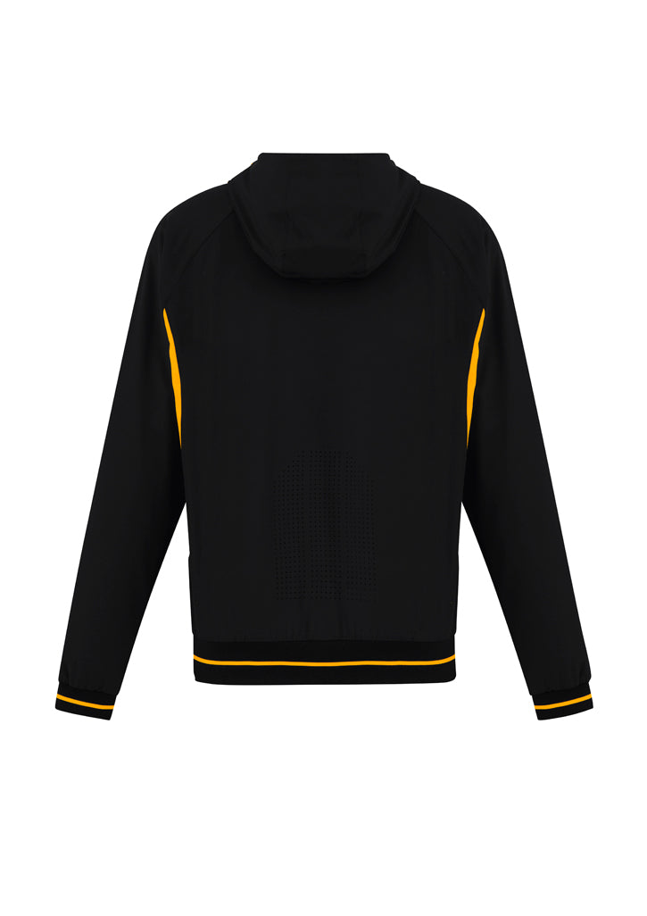 Kids Titan Jacket in Black/Gold, Size 14, featuring 4-way stretch fabric, attached hood, reflective piping, and zippered pockets.