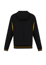 Kids Titan Jacket in Black/Gold, Size 14, featuring 4-way stretch fabric, attached hood, reflective piping, and zippered pockets.