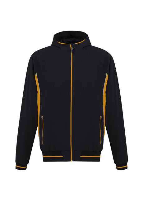 Kids Titan Jacket in Black and Gold, size 10, featuring a hood, zippered pockets, and reflective details for visibility.
