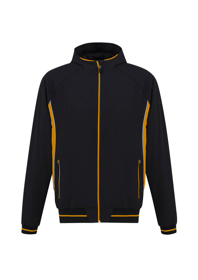 Kids Titan Jacket in black and gold with a hood, reflective piping, and side zippered pockets for active outdoor play.