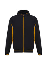 Men's Titan Jacket in Black/Gold, size S, featuring 4-way stretch, attached hood, reflective piping, and side zippered pockets.