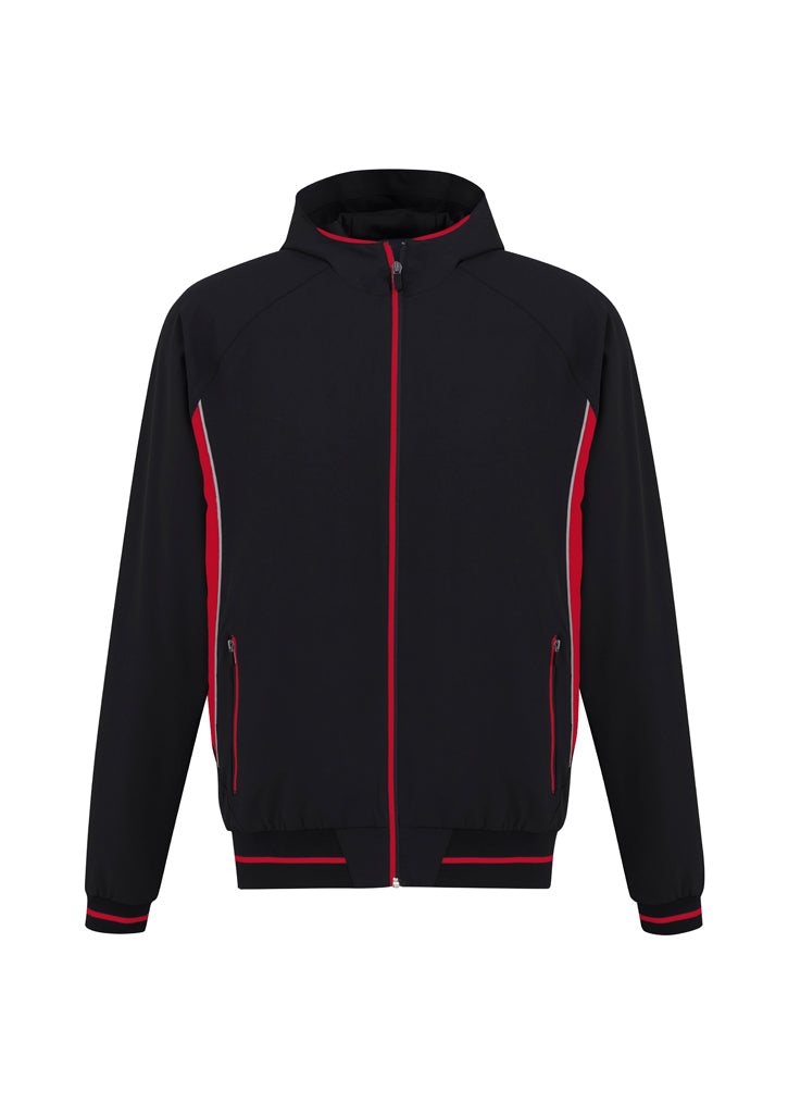Men's Titan Jacket in Black/Red, size 2XL, features a hood, zippered pockets, and 4-way stretch for comfort and style.
