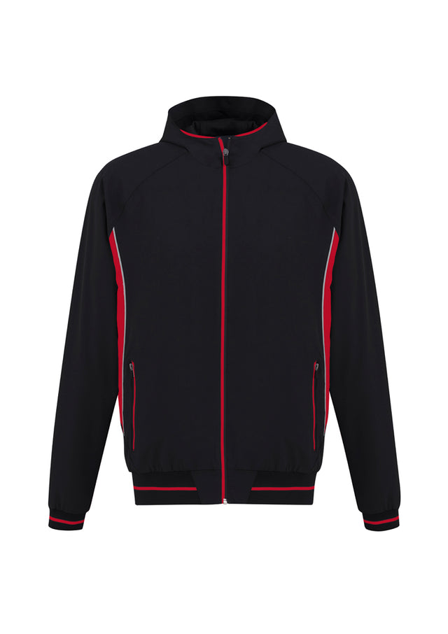 Men's Titan Jacket in Black/Red, size 2XL, features a hood, zippered pockets, and 4-way stretch for comfort and style.