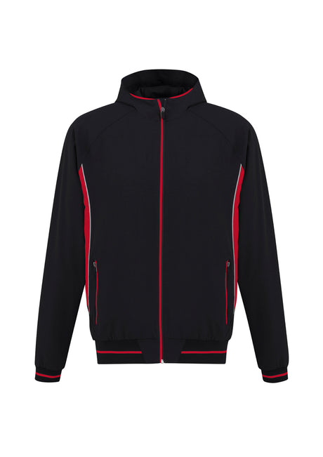 Men's Titan Jacket in black and red, size XS, featuring 4-way stretch, reflective piping, and an attached hood for outdoor activities.