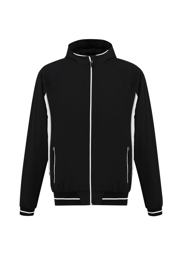 Black and white Kids Titan Jacket, Size 12, featuring a hood, reflective piping, and zippered pockets for active children.