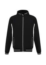 Kids Titan Jacket in black and white, size 14, featuring breathable fabric, reflective piping, hood, and zippered pockets.