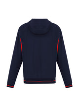 Navy and red Men's Titan Jacket in size XL from Biz Collection, featuring 4-way stretch fabric, hood, and zippered pockets.