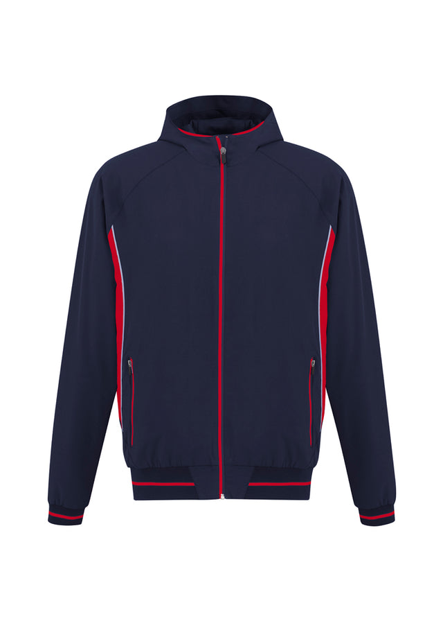 Men's Titan Jacket in navy and red, featuring a hood, reflective piping, and side zippered pockets for outdoor activities.