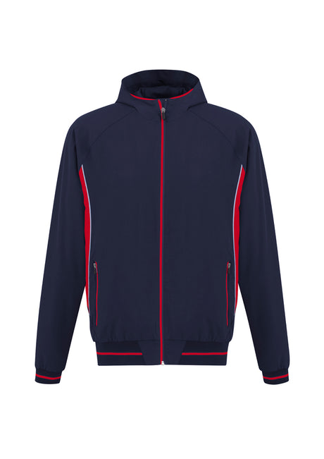 Mens Titan Jacket in navy/red, size 5XL, featuring a hood, reflective piping, zip pockets, and breathable 4-way stretch fabric.
