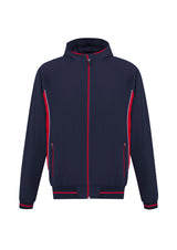 Men's Titan Jacket in Navy/Red (XS), featuring a hood, reflective piping, side pockets, and excellent UPF protection.