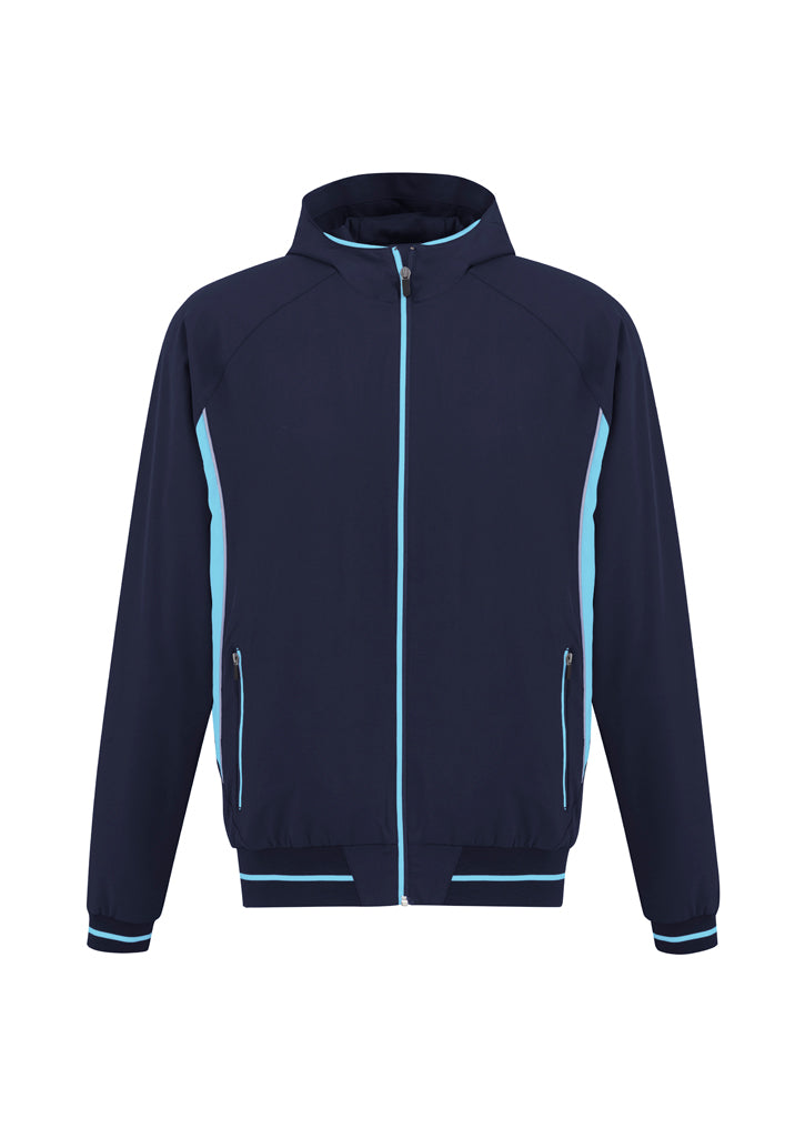 Men's Titan Jacket in Navy/Sky, Size S, featuring a two-tone design, hood, reflective piping, and breathable fabric for comfort.
