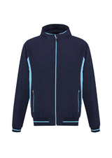 Men's Titan Jacket in Navy/Sky, Size S, featuring a two-tone design, hood, reflective piping, and breathable fabric for comfort.