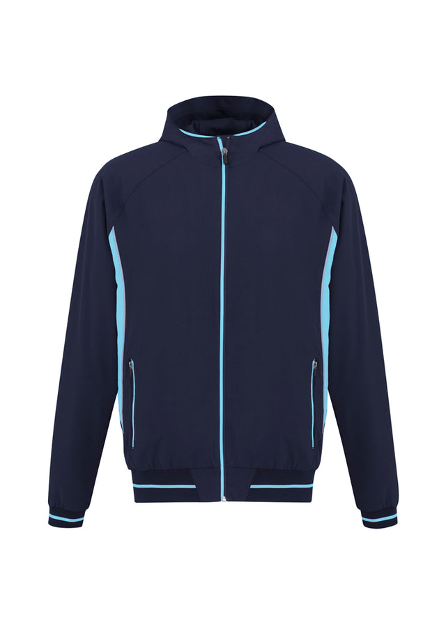 Men's Titan Jacket in Navy/Sky, Size S, featuring a two-tone design, hood, reflective piping, and breathable fabric for comfort.