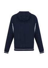 Men's Titan Jacket in Navy/White, Size L, features 4-way stretch fabric, hood, reflective piping, and zippered pockets for comfort and style.