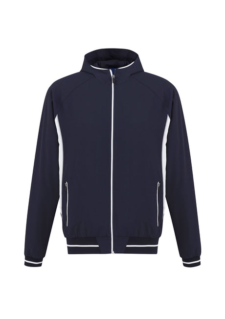 Kids Titan Jacket in Navy/White, Size 6, featuring 4-way stretch fabric, hood, reflective piping, and zippered pockets for active play.