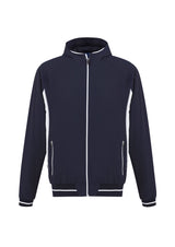 Men's Titan Jacket in Navy/White, Size 5XL, featuring 4-way stretch fabric, breathable lining, attached hood, and zippered pockets.