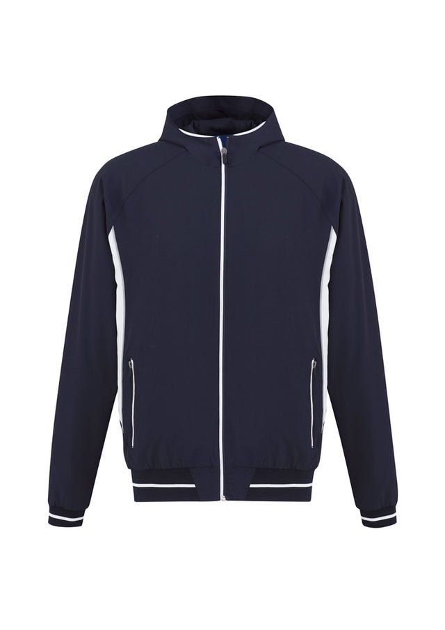 Men's Titan Jacket in Navy/White, Size 5XL, featuring 4-way stretch fabric, breathable lining, attached hood, and zippered pockets.