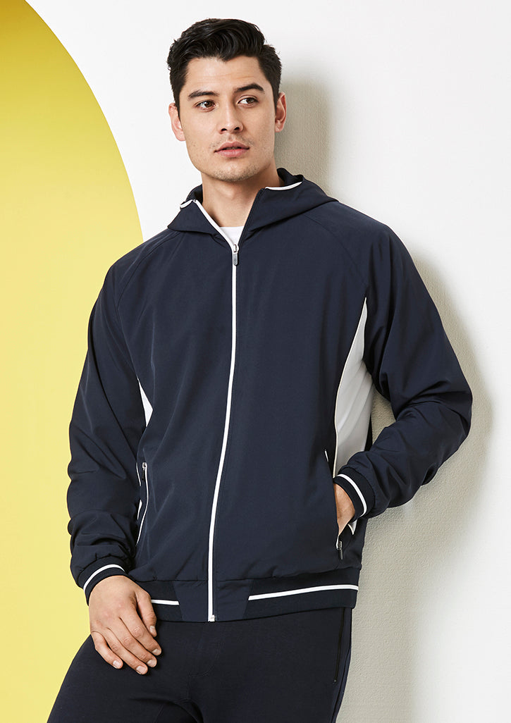 Mens Titan Jacket in Navy/White, Size 2XL, featuring 4-way stretch, attached hood, reflective piping, and zippered pockets.