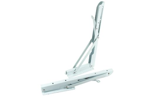 White powder-coated folding shelf brackets, sturdy steel design supports over 150 kg, ideal for maximizing indoor storage.