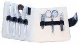 Stylish black manicure and cosmetic set featuring 5 makeup brushes and a 4-piece stainless steel manicure kit in a PU case.