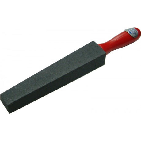 Versatile Crystolon sharpening stone with wood handle, designed for precise sharpening of garden tools, 350mm long.