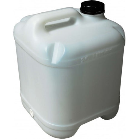 Durable 20L square plastic water container with carry handle, food-grade material, and optional drum tap for easy pouring.