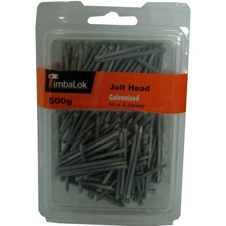 Jolt Head Galv Nails 500gm, 50mm x 2.5mm, rust-resistant fasteners with small heads for flush driving in DIY and construction.