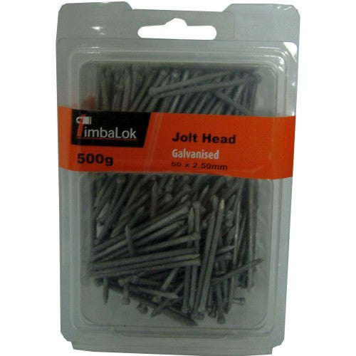 Jolt Head Galv Nails 500gm, 50mm x 2.5mm, rust-resistant fasteners with small heads for flush driving in DIY and construction.