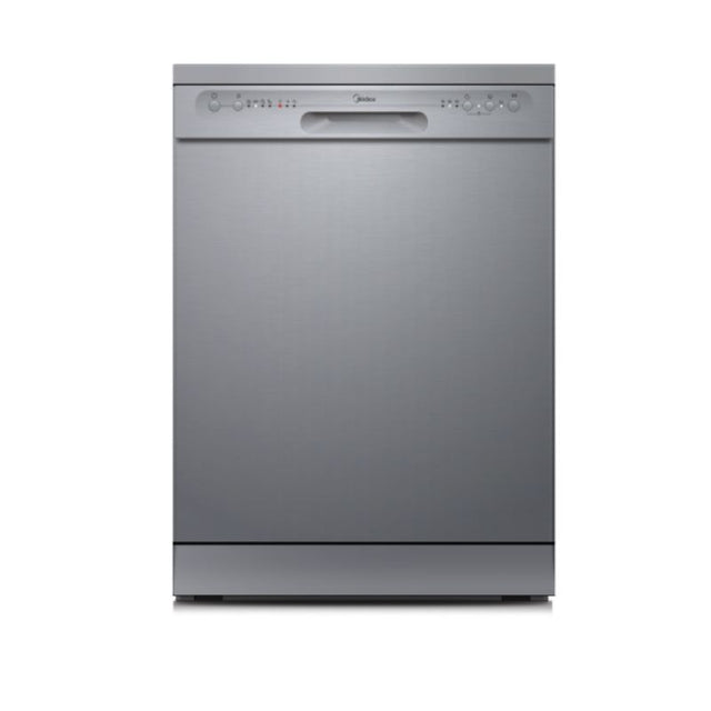 Stainless steel Midea dishwasher for 12 place settings, featuring 4 wash programs, extra drying, and quiet 52 dB operation.