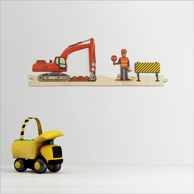 Pine Jigsaw Strip Construction Site 2 wall art, an engaging puzzle design featuring eco-friendly pine veneer for vibrant decor.