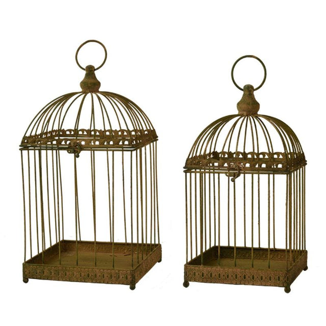 Set of 2 aged metal green birdcages with decorative vintage design, raised rim, and hinged lid for planters or feeding tables.