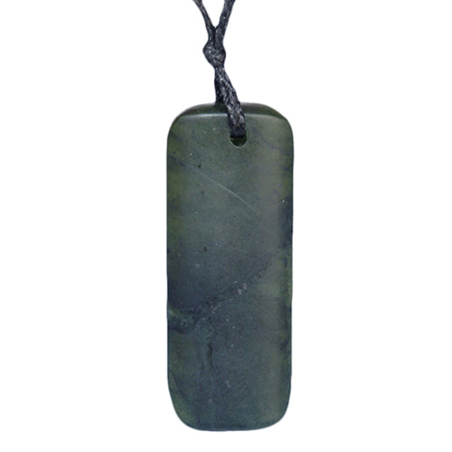 Jade Pendant Medium Rectangle, 14mm x 37mm, carved Nephrite Jade on adjustable black cord, blending Maori tradition with modern style.