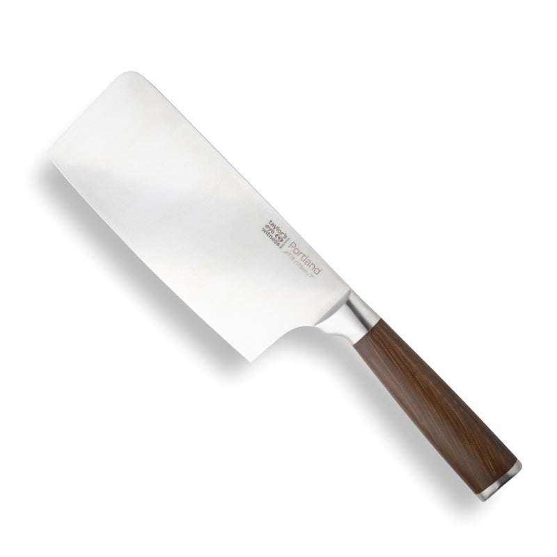 Chinese Chef's Knife with stainless steel blade and walnut wood effect handle; ideal for precision cutting and safe chopping.