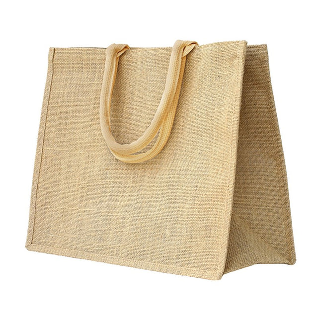 Eco-friendly natural jute tote bags, durable and biodegradable, perfect for shopping and customizable for promotional use.