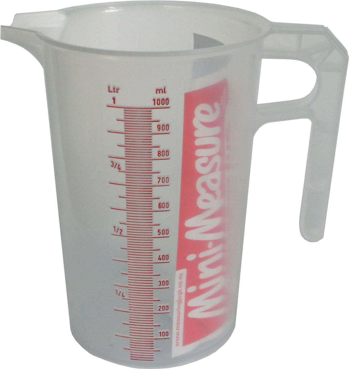 1-litre mini plastic measuring jug with raised calibrations, durable design, spout for precise pouring, food-safe polypropylene.