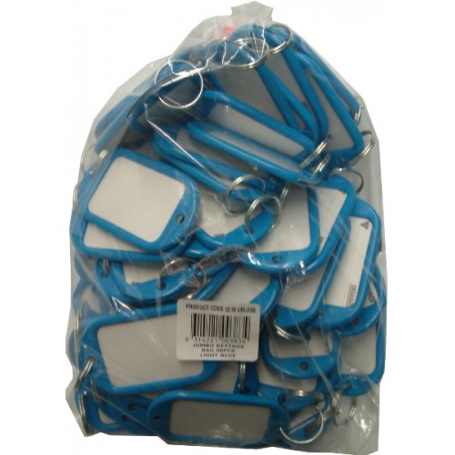 Light blue Jumbo key tags in a bag of 50 for easy key organization, featuring durable plastic and pre-cut labels.