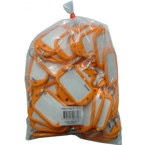 Bright orange Jumbo key tags in a bag of 50, designed for easy key organization with durable labels and a secure ring.