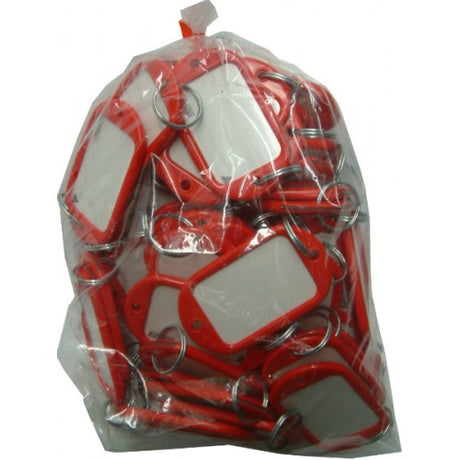 Jumbo red key tags in a 50-piece bag, made of durable plastic for easy key organization and identification.
