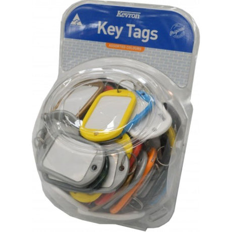 Colorful plastic key tags in a 60-piece tub for easy identification and organization of keys, featuring labels and sturdy rings.