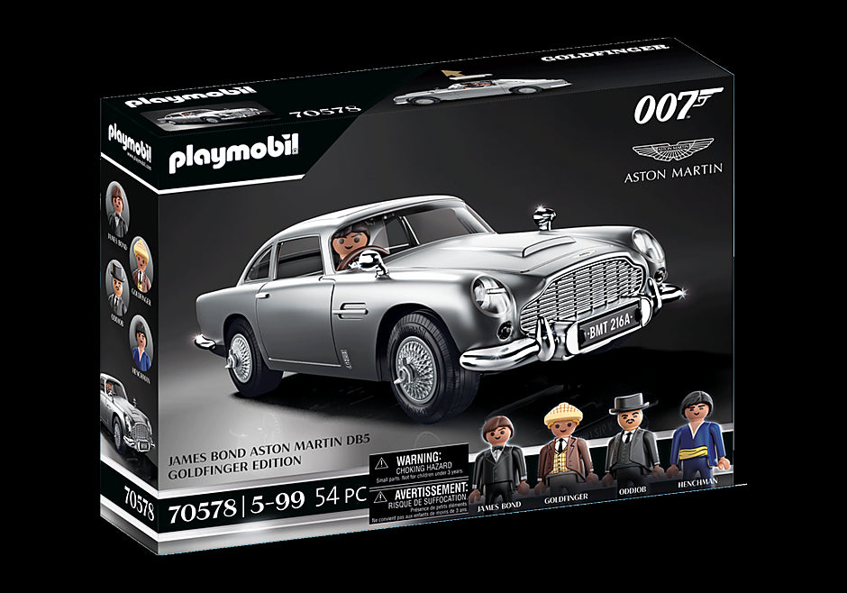 Playmobil James Bond Aston Martin DB5 model with gadgets, figures, and accessories for imaginative play and display.